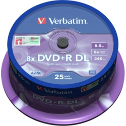 Verbatim DVD+R Doble capa 8.5GB 8X Superficie Plata Mate, Tarrina 25 uds