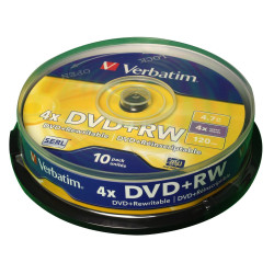Verbatim DVD+RW SERL 4.7GB 4X Superficie Plata Mate, Tarrina 10 Uds